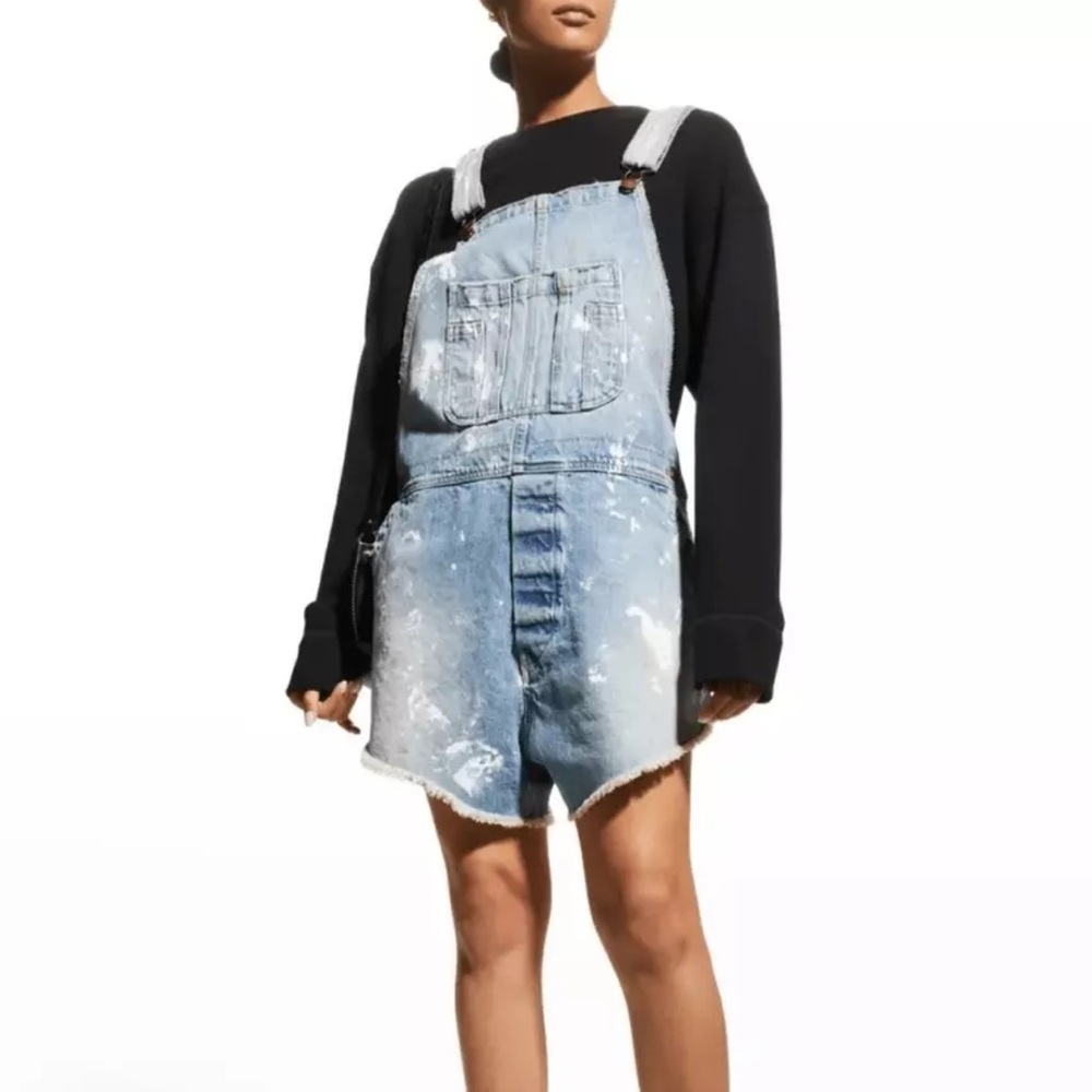 THE GREAT Cut Off Distressed Paint Wash Overalls
